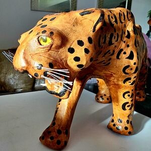 Handcrafted Leather-Wrapped Cheetah Figurine